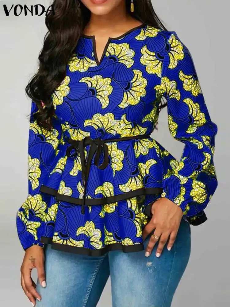 Plus storlek 5xl Vonda Bohemian Women Blus Fashion Long Sleeve Ruffled Shirts Autumn Retro Floral Printed Tops Casual Blusas 240202
