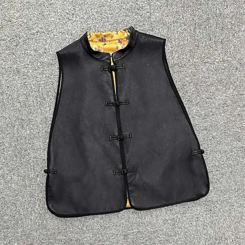 Gilet in vera pelle da donna Autunno/Inverno Stile cinese Piastra di usura su due lati Fibbia Porta Patta in cotone Canotta di pelle di pecora2024