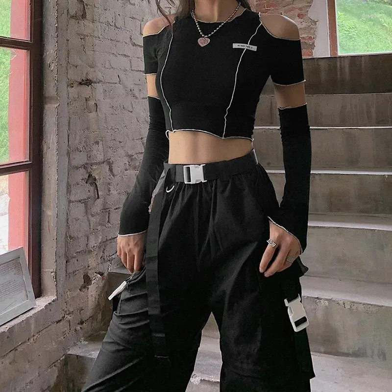 Kvinnors T-skjortor Patchwork Black T-shirts Gotiska en axelhylsa Y2K Crop Tops Ruffles Hem Hip Hop Techwear Women Tees