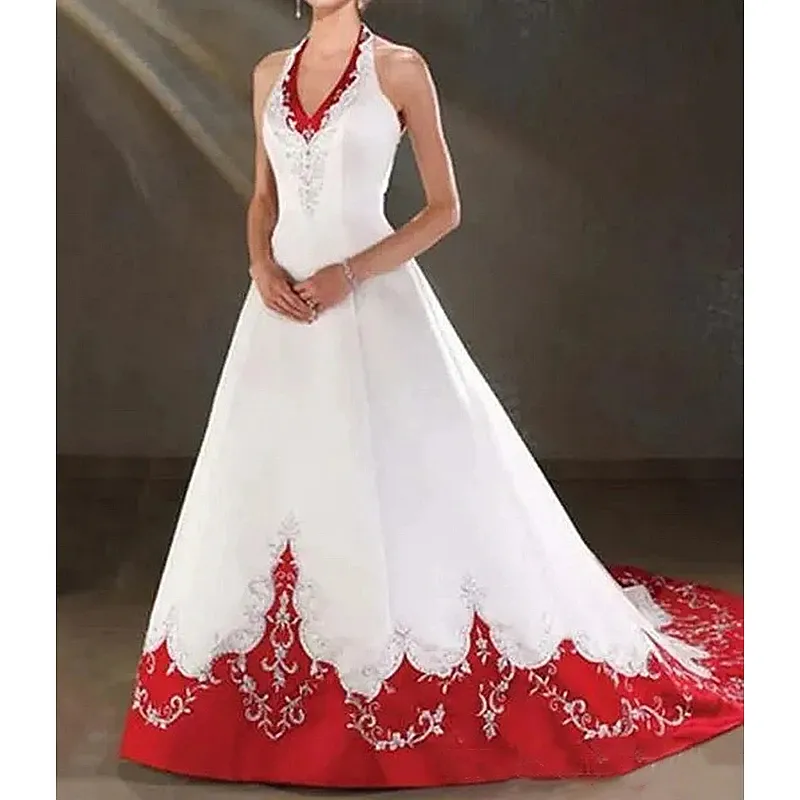 knee length dresses for ladies Fancy Red Lace White Satin V-Neck Tank Sleeve Wedding Dress, Red main image 1