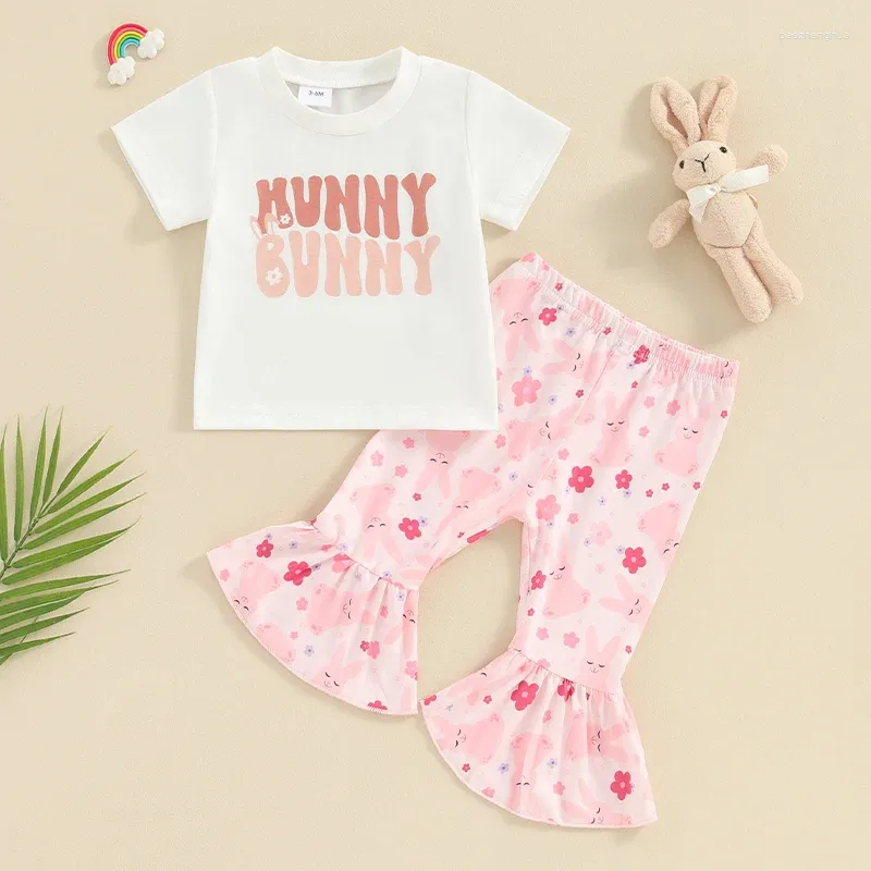 Kleidung Sets Baby Girl Osteroutfit Kurzarm T -Shirt Top Flare Hosen Set 2pcs Kleinkindkleidung