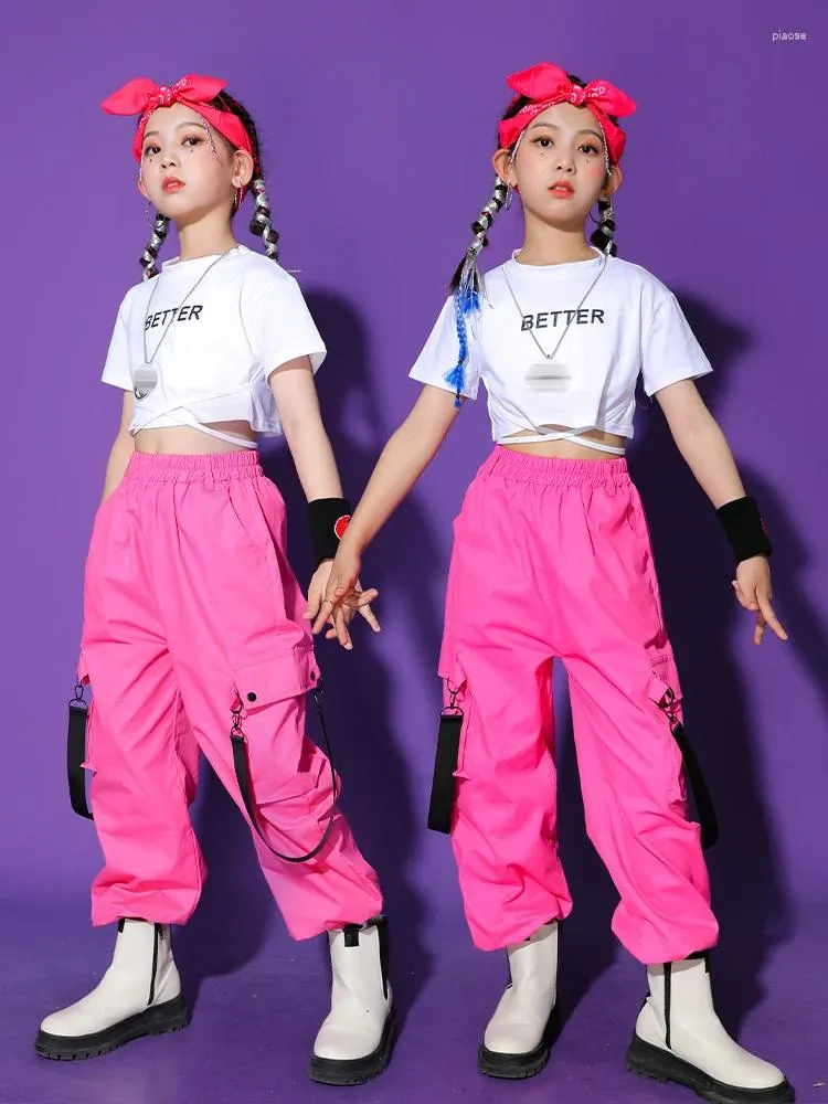 Abbigliamento da palco Costume da performance Hip Hop Kpop Outfit Summer Girls Abiti da ballo jazz Top a maniche corte Pantaloni rosa larghi Bambini