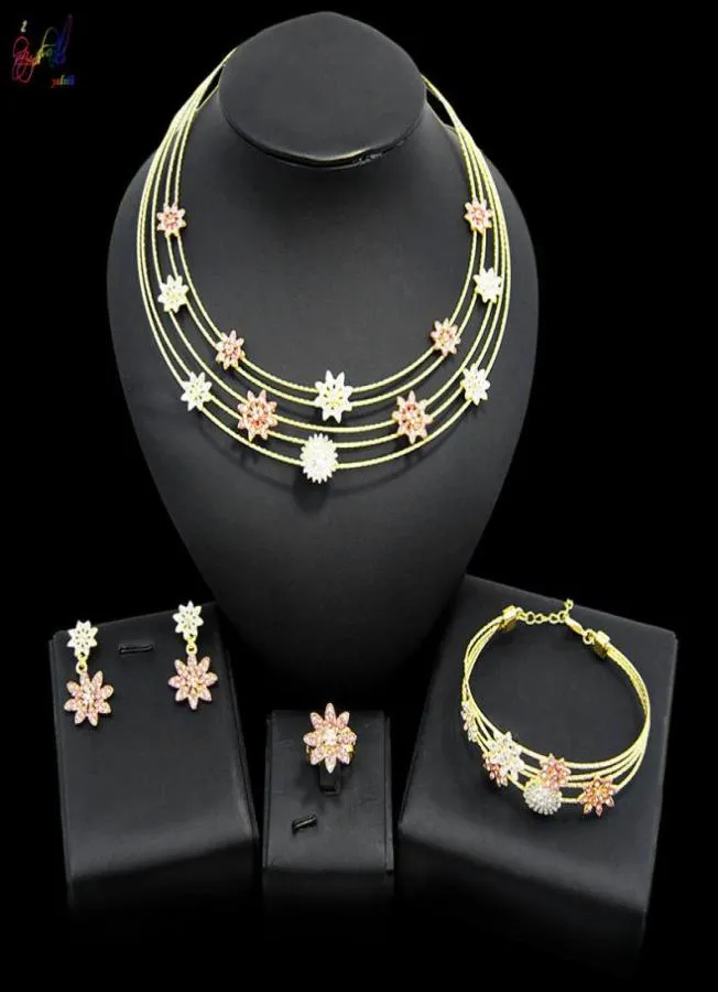 Yulaili Dubai Gold Jewelry Set för Women Party Flower Shape Crystal Necklace Earrings Armband Ring Wedding Bridal Jewellery9760900