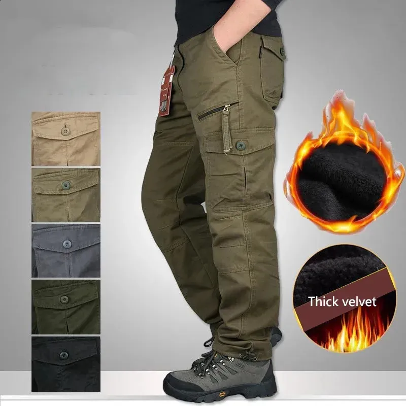 Winter Thick Fleece Casual Pants Men Cotton Military Tactical Baggy Cargo Pants Double Layer Warm Thermal Straight Long Trousers 240125