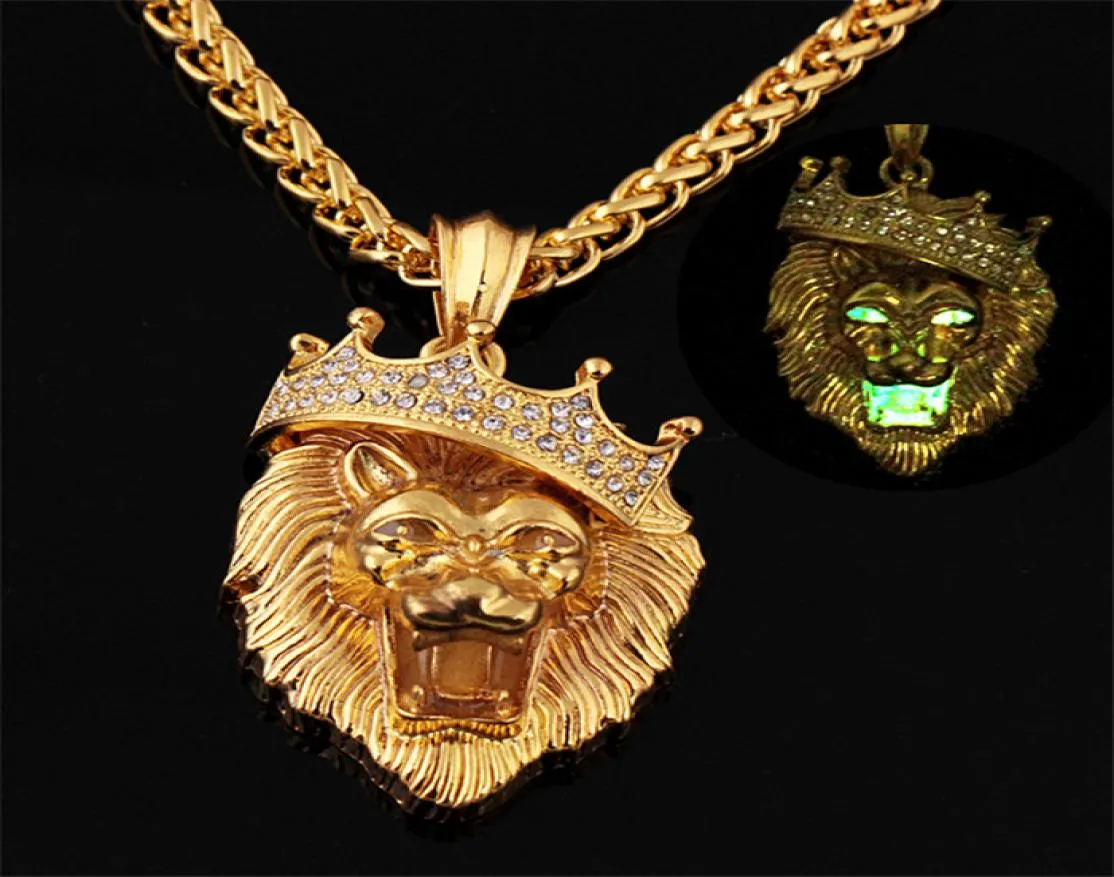 Glow in the Dark Crown Lion Tiger wisior naszyjniki Złoty kolor na skalne naszyjniki dla kobiet mężczyzn biżuterii 6141259