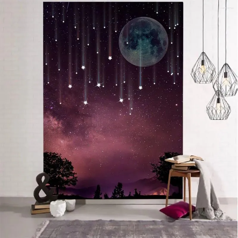 Tapestries Mystery Starry Sky Tapestry Hippie Wall Hanging Boho Room Decor Eesthetic Forest Tree Jungle Moon Tapestrie Bakgrund Tak