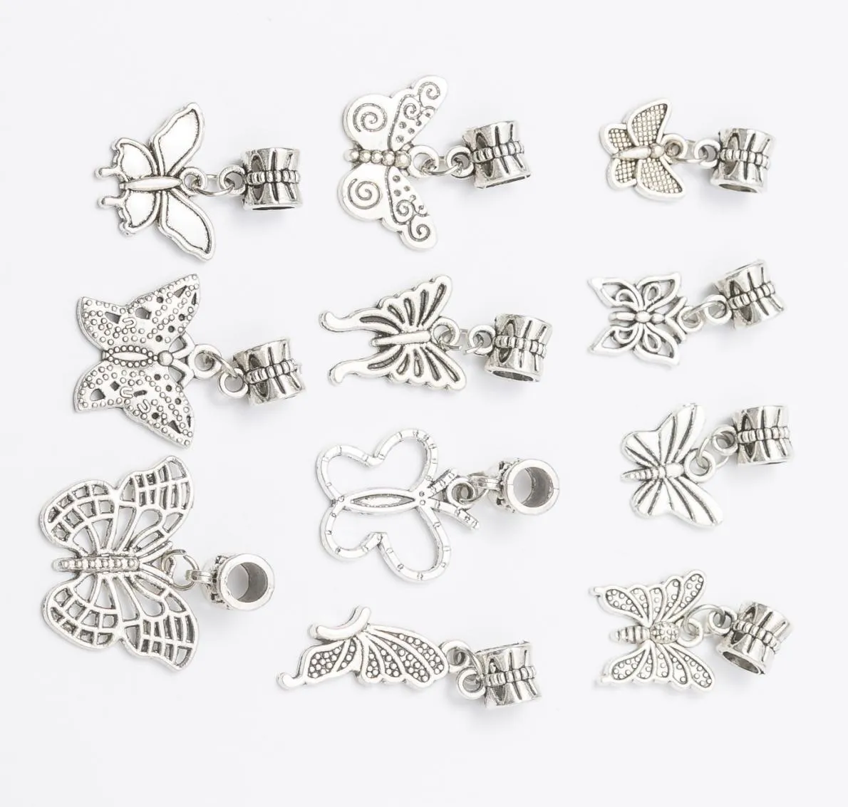 Mix 11 BUTTERFLY DANGLES Antique Silver Plated Alloy Big Hole Charms Beads fit bracelet DIY Jewelry Necklaces Pendants Beads3516479