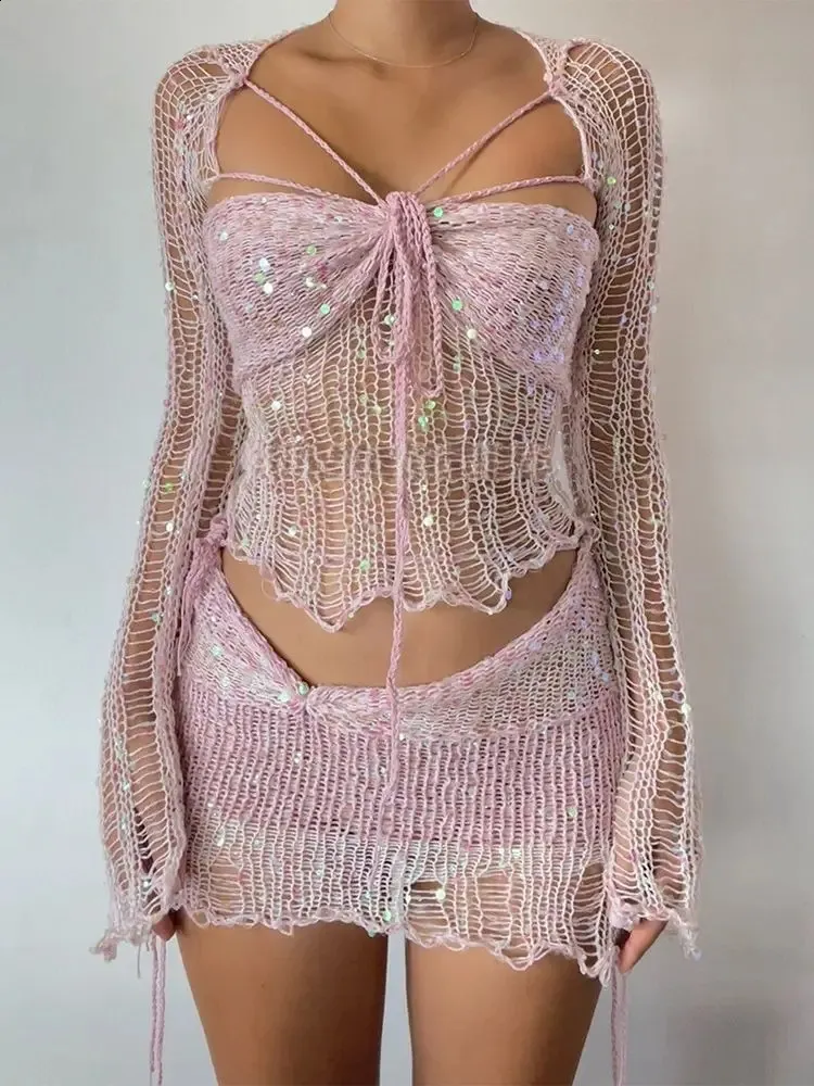 2024 Femmes Crochet Robe Tricotée 2 Pièces Jupe À Paillettes Ensembles D'été Sexy Élégant Mini Y2k Jupe Corps Creux Jupe Crop Top Robe 240202