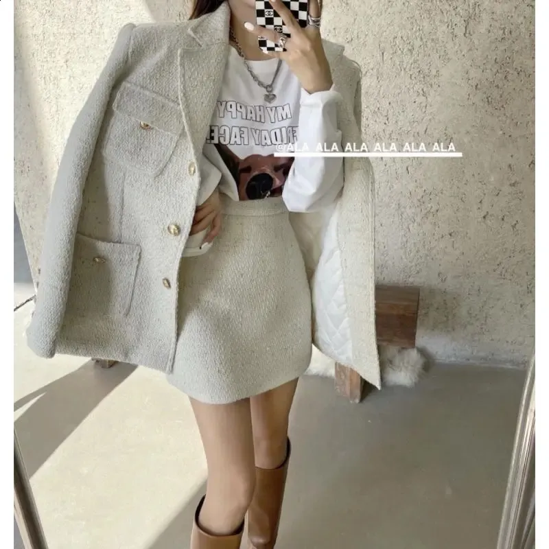 Модный твидовый пиджак и юбка, комплекты из двух предметов для женщин, стильный осенне-зимний блейзер, комплект Mujer De Moda 240202
