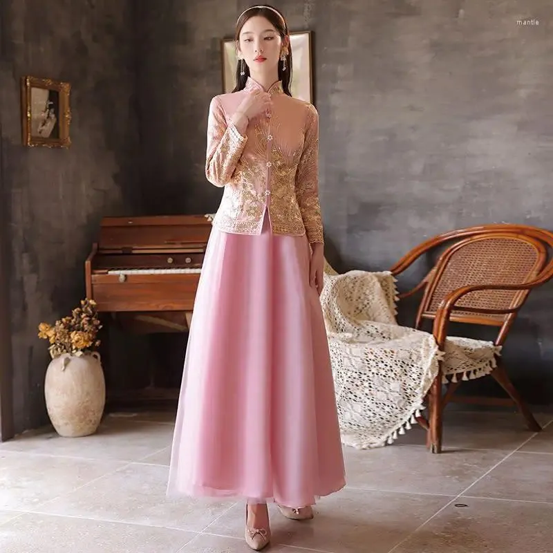 Ethnic Clothing Bridesmaid Dresses 2024 Chinese Group Wedding Sisters Dress Style Long Spring Summer Slim