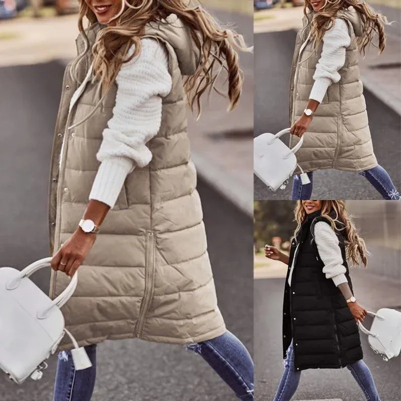 Veste d'hiver sans manches pour femmes, manteaux midi, gilet pour garder au chaud et élégant, manteau en coton à capuche noir pour femmes à la mode 240216