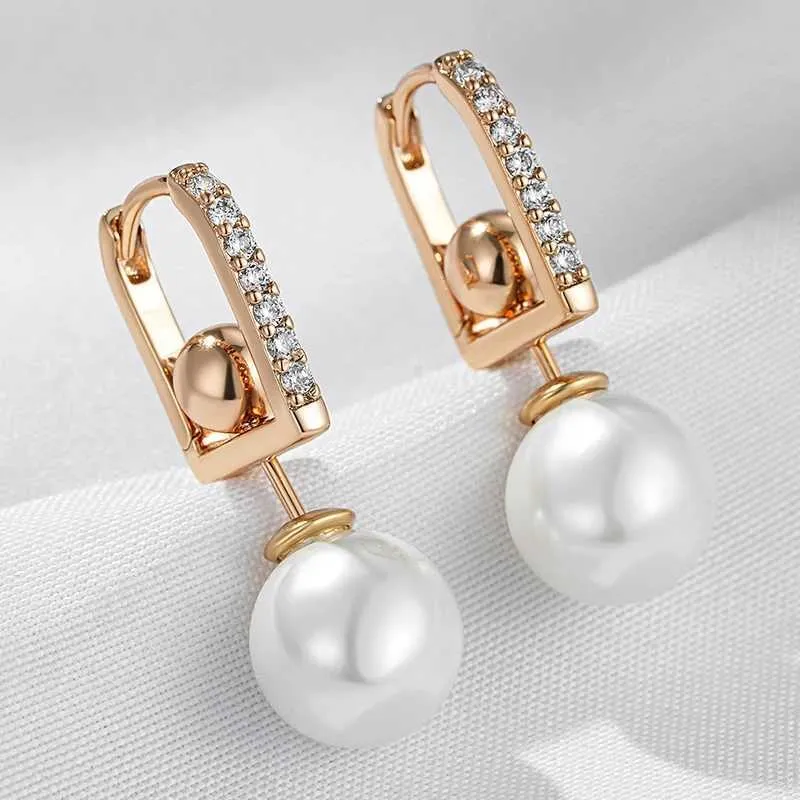 Pendientes Wbmqda Pendientes colgantes de perlas únicos para mujer 585 Color oro rosa con circón natural blanco Accesorios de joyería de moda 230831