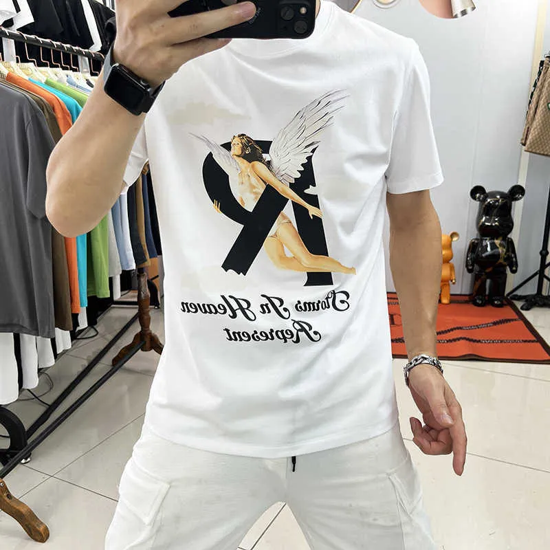 Homens camisetas T-shirt Mens Algodão Sedoso Slim Fit Casual Top Nevoeiro Anjo Impressão Na Moda Marca Grande Represnet-shirtative Manga Curta J25J