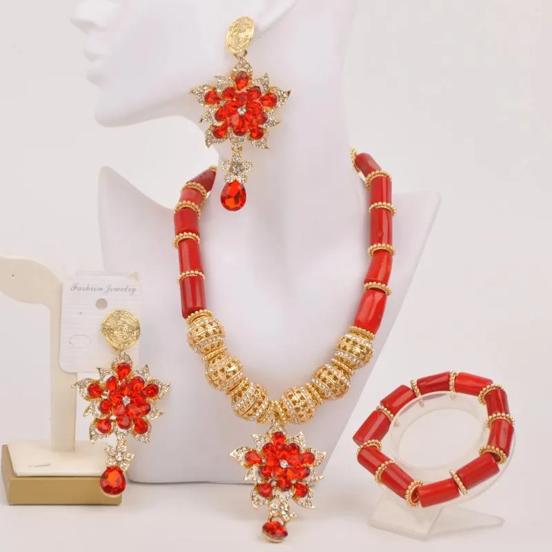 Necklace Earrings Set Fashion Flower Pendant Nigerian Wedding African Coral Beads Jewelry