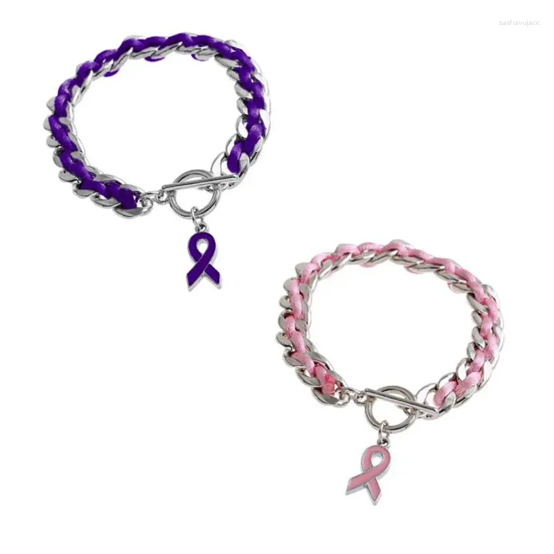 Urok bransoletki 1PCS Październik Raka piersi Świadomość Różowa Purple Wstążka Bransoletka Braided Anniversary Cain Dekoracja PRB005