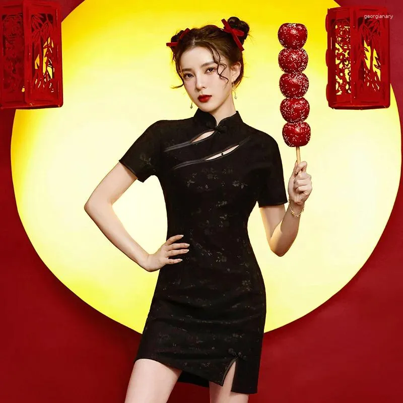 Party Dresses Black Sexy Improved Cheongsam Summer Slim A-line Dress Young Girl Elegant Hollow Chic Chinese Style Women Qipao Vestidos