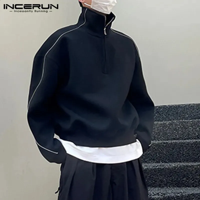 INCERUN Uomini Felpe con cappuccio tinta unita risvolto manica lunga cerniera felpe allentate streetwear coreano casual pullover maschile S5XL 240202