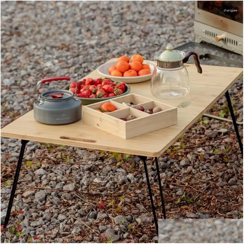 Camp Furniture Outdoor Cam Bamboo Table Portable Mtifonctionnel Quatre-Fold Tactique Pliant Léger Pinic Drop Livraison Sports Outdo Otw0N