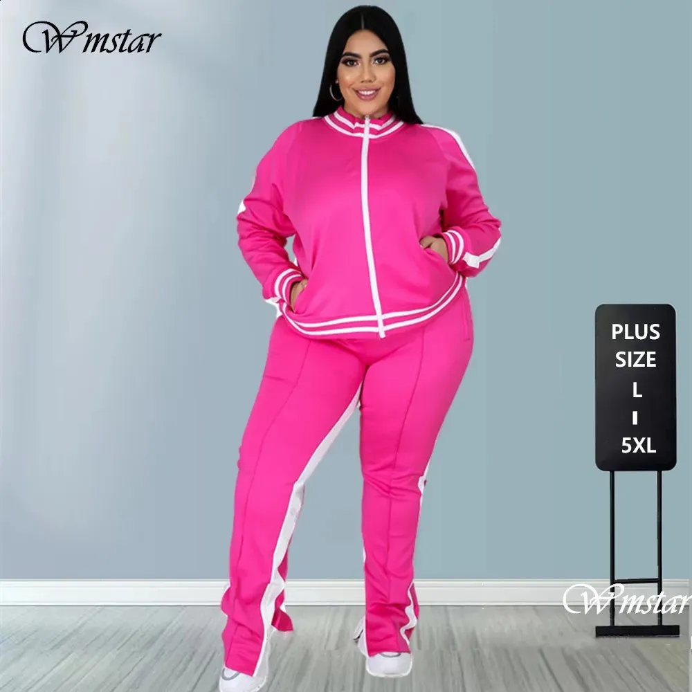 Plus la taille L-5XL deux pièces ensemble femmes fermeture éclair haut rayé fente pantalon décontracté survêtement tenue correspondant ensemble Mujor gros goutte 240125