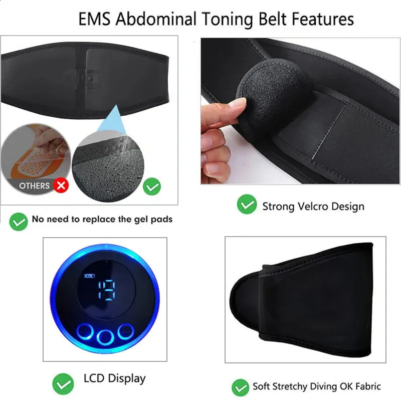 EMS Muscle Stimulator Abs Abdominal Trainer Toning Belt USB Recharge Body Belly Weight Loss Home Gym Fitness Equiment Unisex 240123