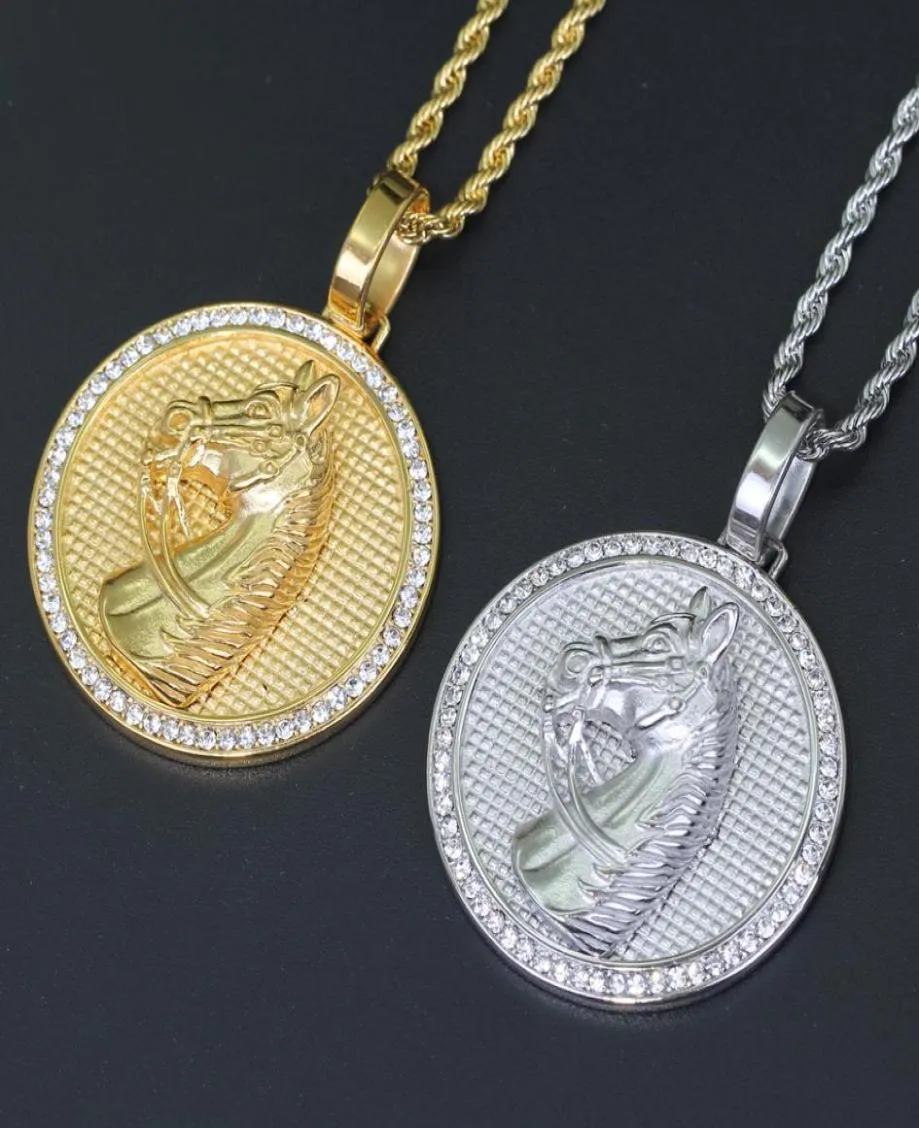 Wholstainless Steel Horse Pendants Hip Hop Necklace Gold Color Silver Color Men039s Iced Jewelry SN1781525646