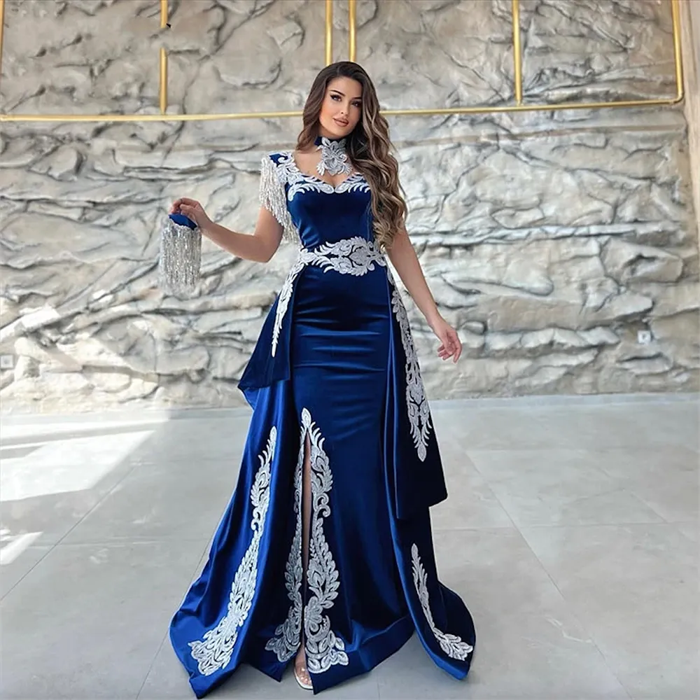 Private Custom Moroccan Caftan Evening Dress Appliques Lace Cap Sleeve Royal Blue Mermaid Slit Velvet Arabic Prom Gowns