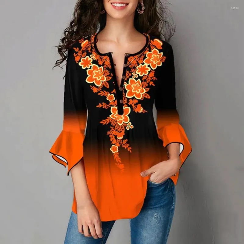 Blouses pour femmes Femmes T-shirt Printemps Automne Slim All Match Boutons Blouse Dégradé Couleur Impression Chemise Streetwear