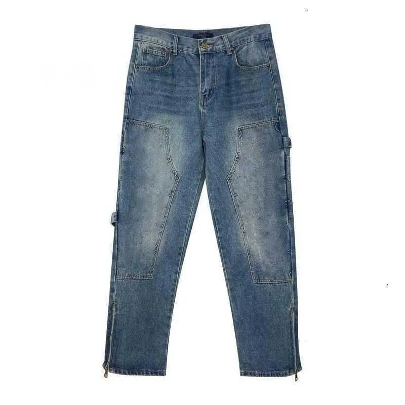 Herr jeans designer vårhöst ny präglade gamla blommor jeans brev tryckta arbetskläder byxor casual rak rörbyxa bredben byxor