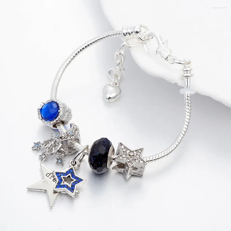 Charme pulseiras design ajustável pulseira safira azul a lua e estrelas frisado encantos oferta especial jóias pulseiras corrente para mulher