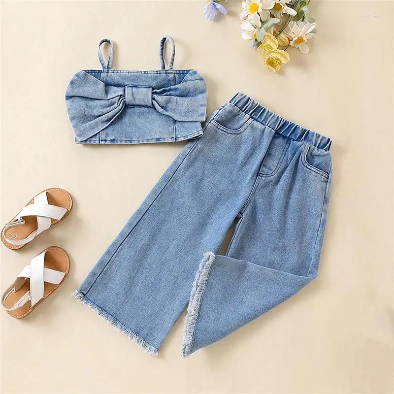 Kläder sätter 2-7y barn flickor mode denim byxa kläder baby spaghetti rem bågetank tops elastiska midja jeans barn sommarkläder