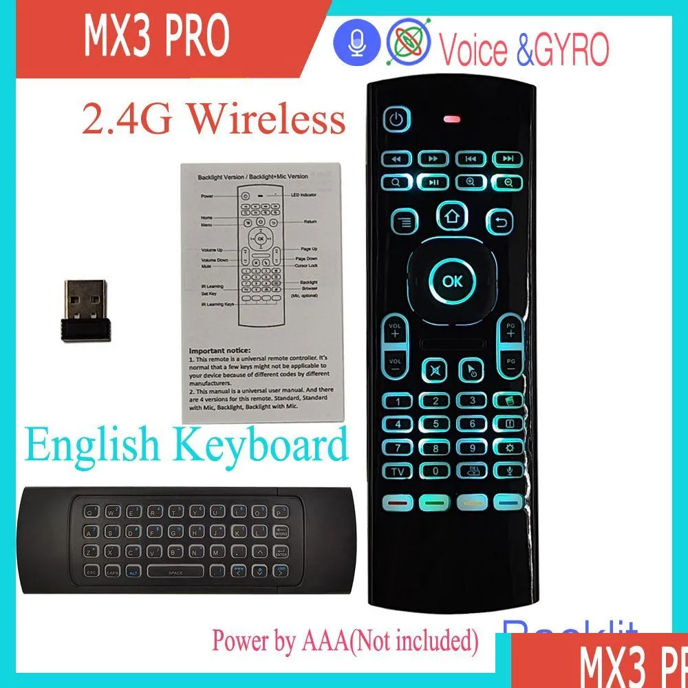 Tangentbord MX3 Pro Voice Air Mouse Remote Control Bakgrund 2.4G Trådlöst Gyroskop IR -lärande för Android TV -låda PC Drop Leverans Compu OTQGT