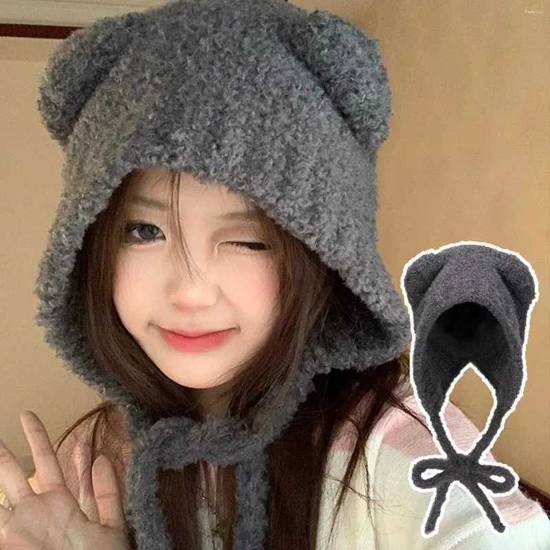 Berets Cute Girl Knit Earflap Hat Bear Hood Beanies Women Warm Headgear Earmuffs Cap Winter Woolen Crochet Hats With Ears Y2k