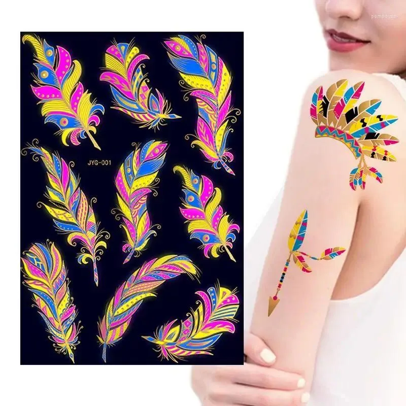 Tattoo Inks Luminous Tattooss For Men Waterproof Feather Temporary Stickers Fluorescent Glow In The Dark Realistic