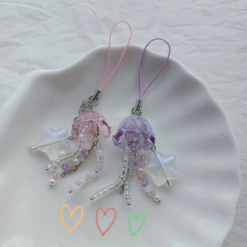 Keychains Purple/Pink Jellyfish With Star Cottage Core Y2K Beaded Phone Charm - Handmade