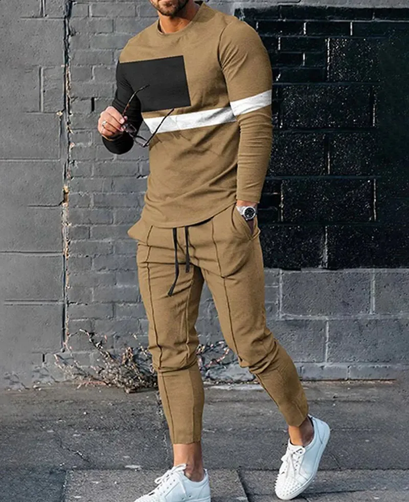 Mens Sets Fashion Tracksuit Long Sleeve Top Sports Pants Set Colorblock Print Long Sleeve Plus size Casual Men Outfit 240129