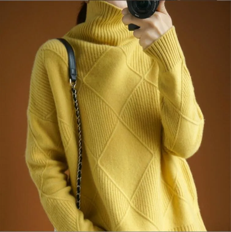 Pull en cachemire à col roulé pour femme, pull tricoté de couleur Pure, 100% laine, ample, grande taille
