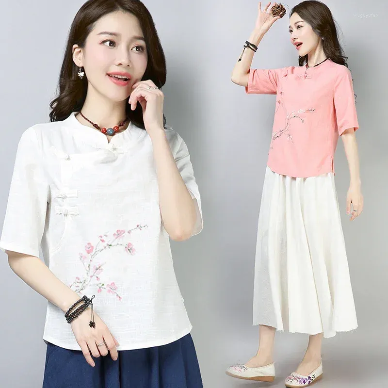 Ethnische Kleidung China Cheongsam Tops Traditioneller Tang-Anzug Lässige Harajuku-Blusen Femme Vintage-Hemd im chinesischen Stil Damen Baumwolle Leinen