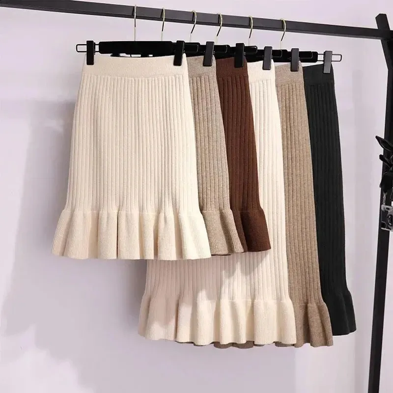 Lucyever Women High Waist Knitted Skirts Solid Elastic Mermaid Knitting Ribbed Skirt Female Autumn Winter Warm Mid-Long Skirt 240201