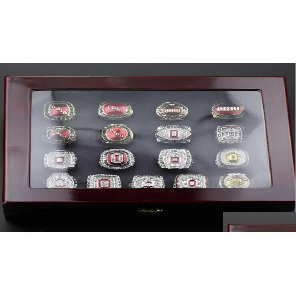 Pierścienie zespołowe 17pcs Ohio State Buckeyes National Ring Zestaw drewniany pudełko wentylator Fan Prezent4189858 Drop dostawa biżuteria pierścień dhhcf