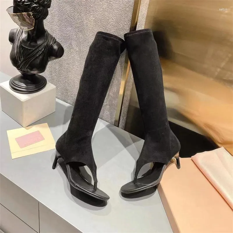 Сандалии Длинные сапоги-гладиаторы Дизайнерские черные кожаные женские современные туфли Модные женские эластичные вечерние туфли на высоком каблуке с открытым носком