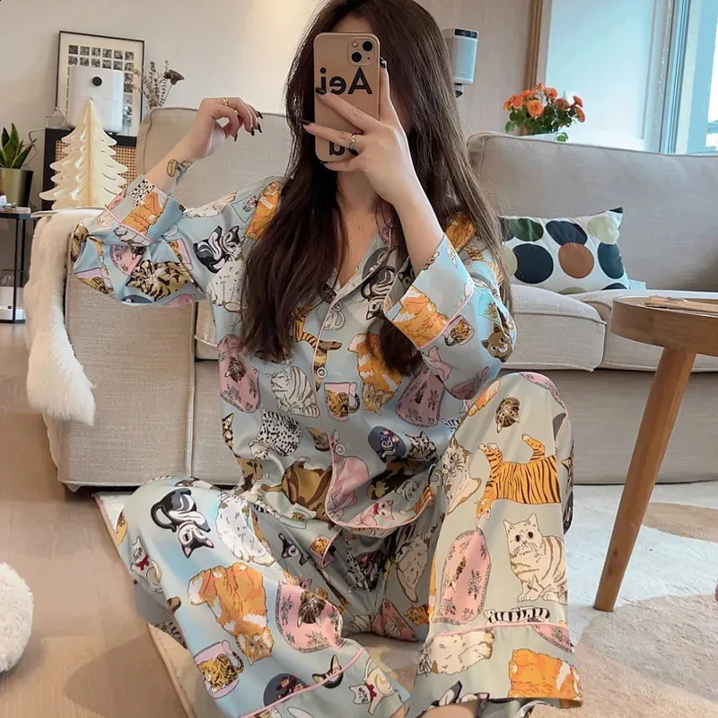 Pyjamas för kvinnlig vår och höstkatt katt cardigan långärmad set satin loungewear kvinnor underkläder kawaii flickor pjs 240201