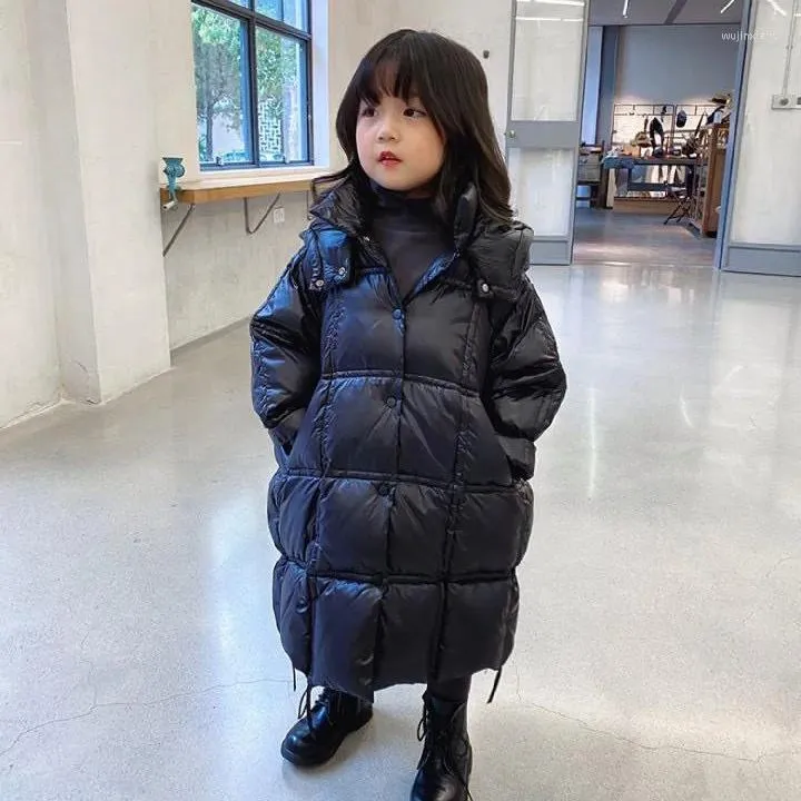女の子のためのダウンコート冬用ジャケットフード付きパーカーロングボーイズパフウォームガールコート黒い子供