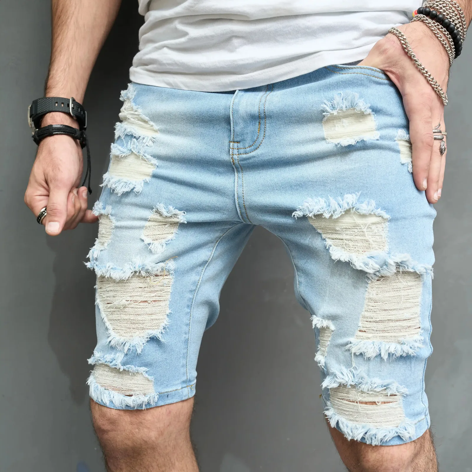 Uomo Estate Streetwear Pantaloncini di jeans strappati slim fit Fori alla moda Jeans dritti casual solidi Pantaloni a cinque punte maschili 240202
