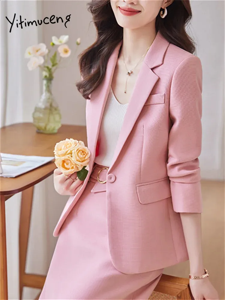 Yitimuceng rose 2 pièces ensembles pour femmes bureau dames simple bouton col rabattu Blazers élégant Midi jupe costumes 240202