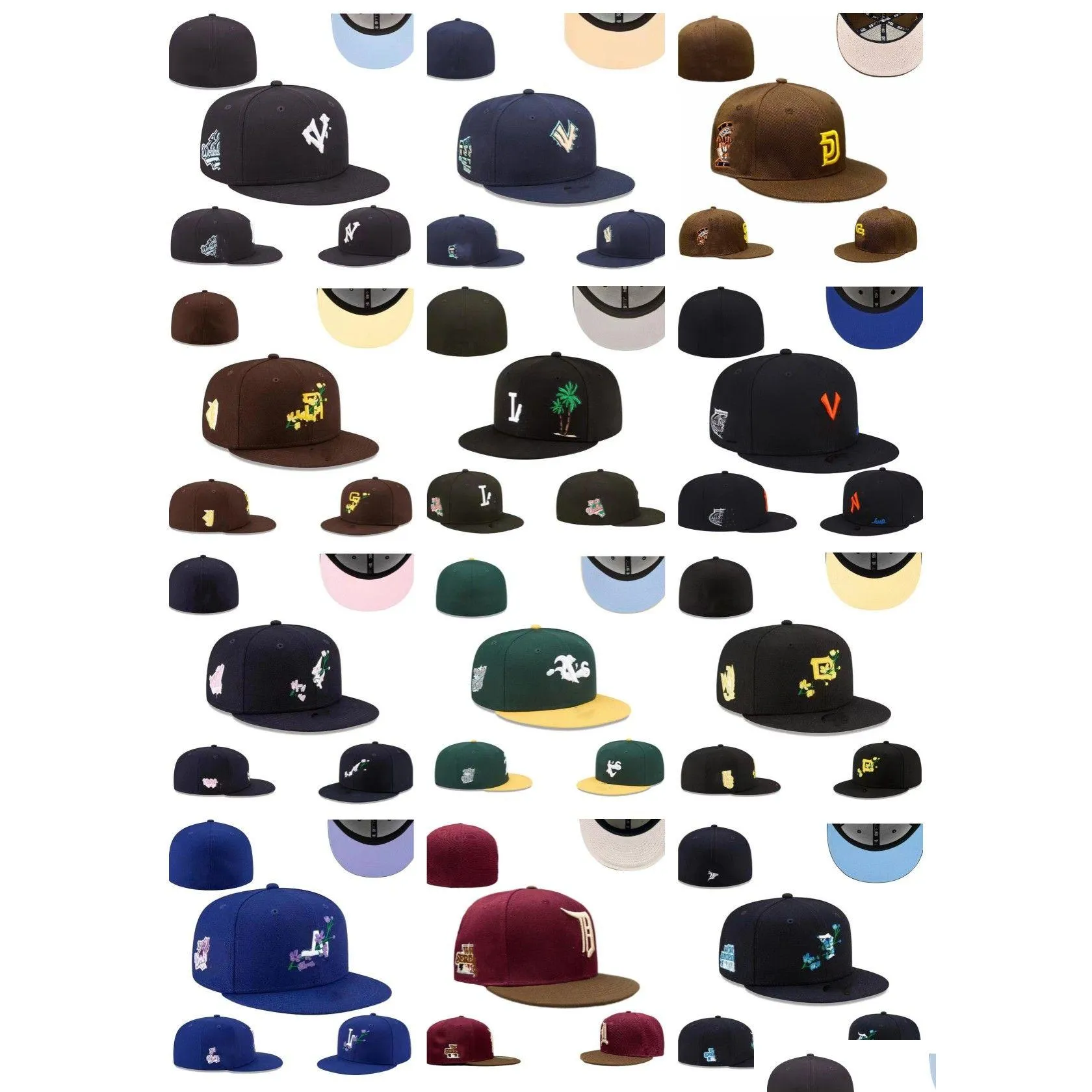 قبعات الكرة المجهزة قبعات مصممة حجم أحدث ألوان لعبة البيسبول أغطية مسطحة بنية اللون الأسود اللون التطريز شيكاغو جميع الفرق الشعار الرياضة dhyjt