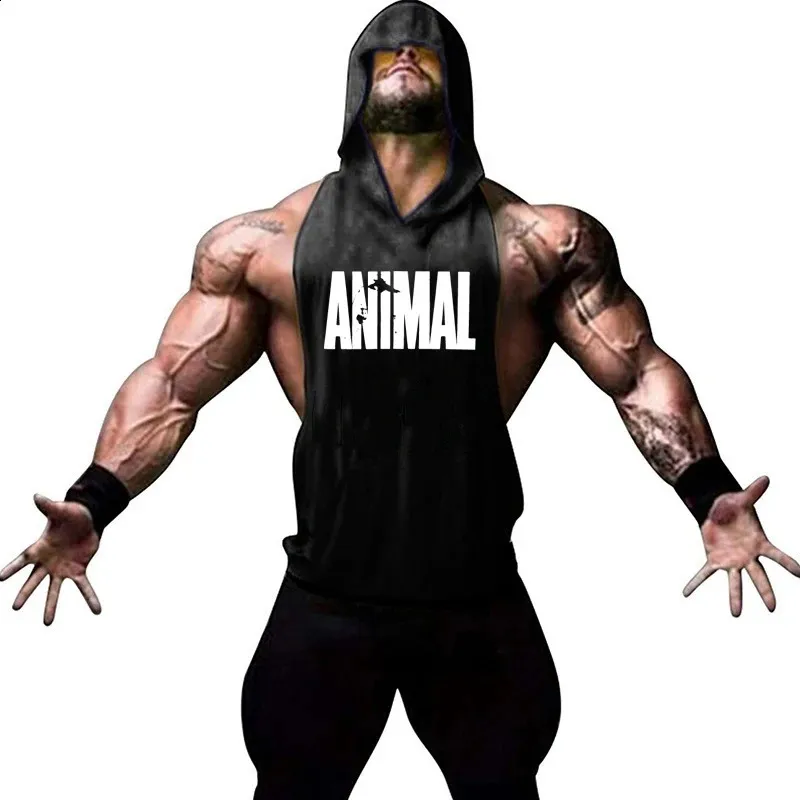 Hommes Bodybuilding Animal sans manches à capuche débardeurs Muscle Stringer athlétique Fitness gilet haut été sweats à capuche vêtements de sport hauts 240119