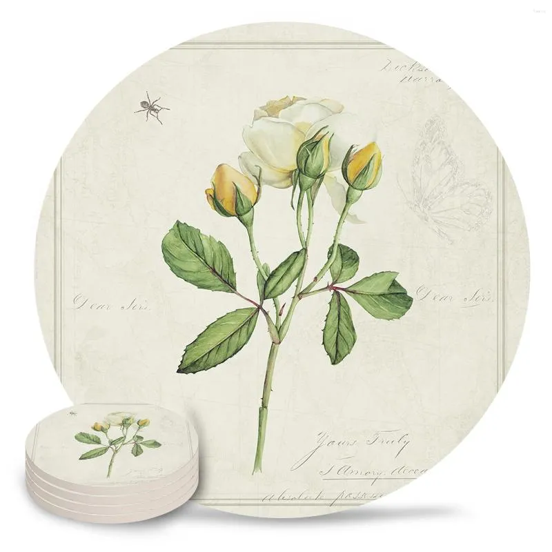 Bord Mattor Vintage Country Plant White Rose Flower Ceramic Set Kitchen Round Placemat Luxury Decor Coffee Tea Cup Coasters