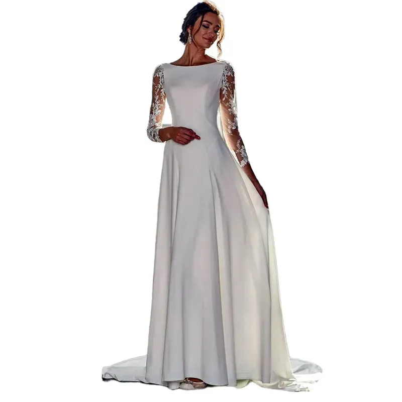 New Pattern Vestidos De Novia Jewel Neck Lace Appliqued Bodice Satin Skirt Modest Long Sleeves Wedding Dresses Bridal Gowns 02