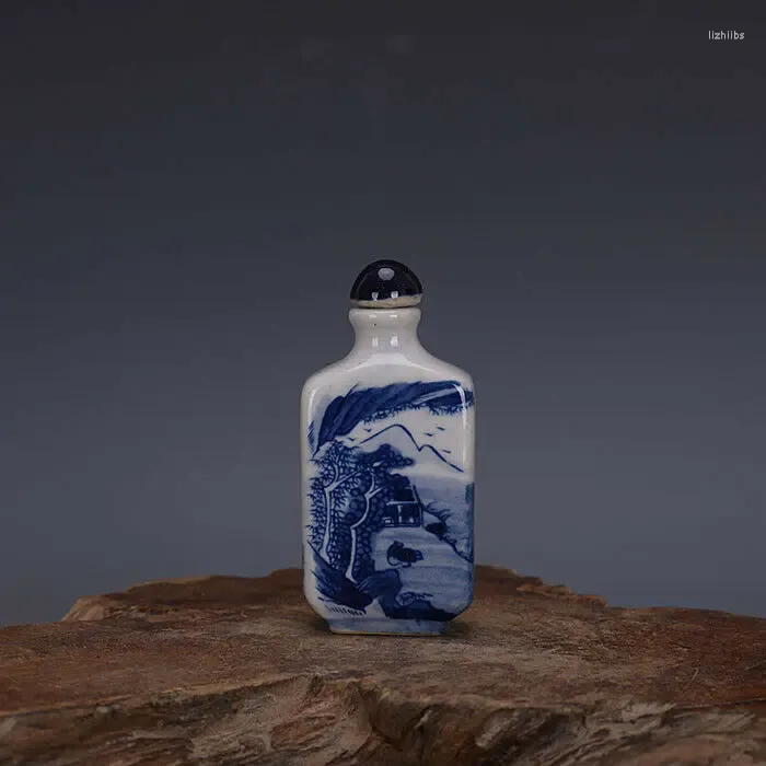 Bottles Chinese Style Blue And White Porcelain Qing Mountain Pattern Snuff Bottle 3.07 Inch Square Flat Retro Small Ornaments