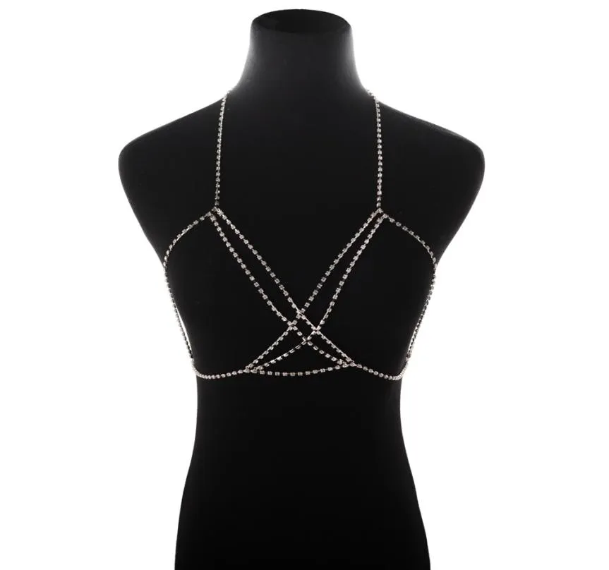 Femmes mode Sexy argent or plein strass Bikini harnais soutien-gorge poitrine corps tasse chaîne collier bijoux cadeau JCK0153240350